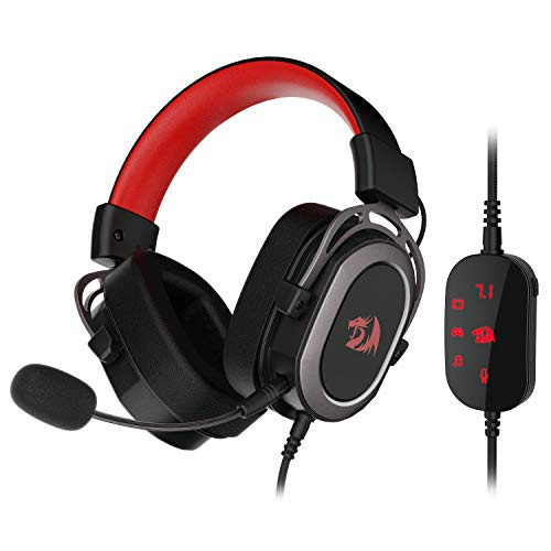 Redragon H710 Helios USB Wired Gaming Headset, 7.1 Surround Sound - Memory Foam Earpads - 50MM Drivers - Detachable Microphone with EQ Controller - Multi Platform Headphone - Works with PC/PS4/Switch