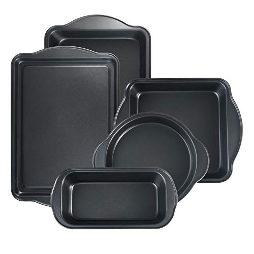 S·KITCHN Bakeware Set with Grips Nonstick Baking Set Including Loaf Pan Pie Pan Roasting Pan Cookie Sheet and Brownie Pan - 5 Piece