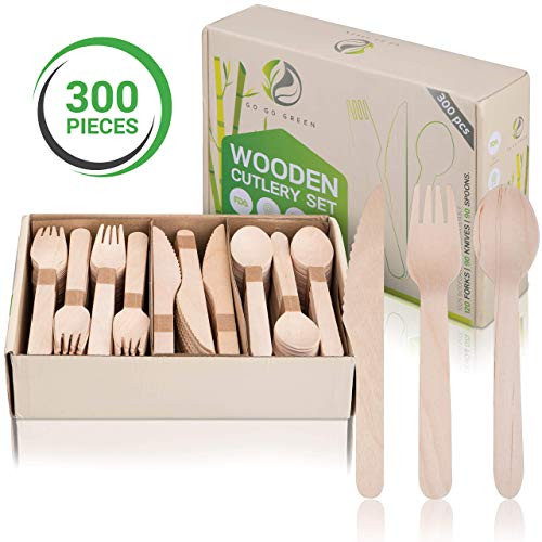 Disposable Wooden Cutlery Set  Eco Friendly, Biodegradable, Compostable Cutlery  120 Wooden Forks, 90 Wooden Knives, 90 Wooden Spoons  300 pc. Disposable Utensils Set by Go Go Green