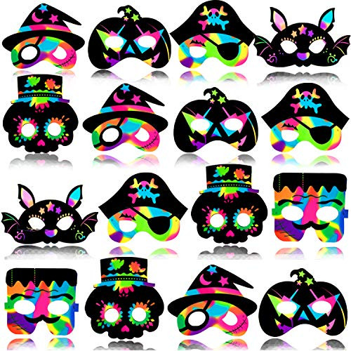 OuMuaMua 30PCS Halloween Rainbow Scratch Mask Art Craft Kit - Bat Witch Pumpkin Zombie Pirate Skull Scratch Paper Art Mask for Halloween Party Crafts Classroom Decorations