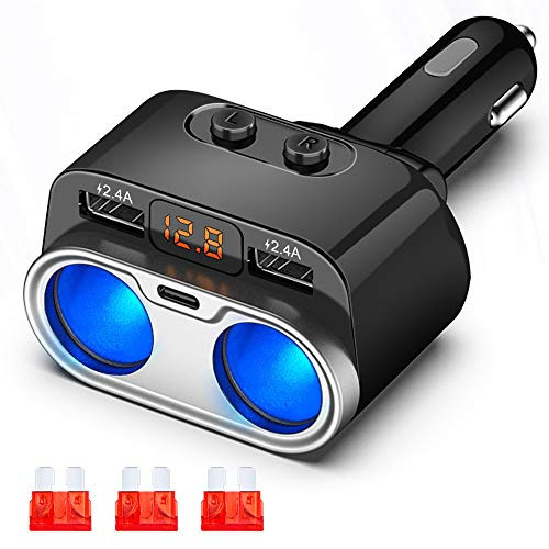 Electop Car Cigarette Lighter Splitter Adapter USB C Car Charger, 12V 24V 80W 2 Sockets Dual USB Type C Charging Ports Multi Power Outlet with LED Voltmeter Switch 10A Fuse for Mobile Phone Tablet GPS