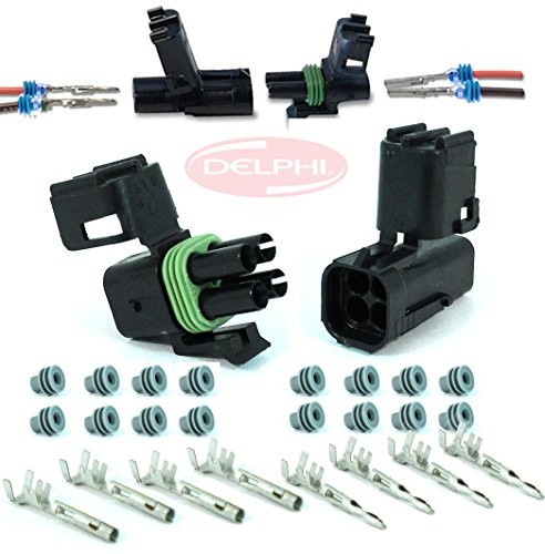 Delphi Packard (4 Circuits) Square Dual 2x2 Weatherpack, Completed Waterproof Set, Socket, Sealer & Terminal Kit 14, 16 AWG - Pack of (1)