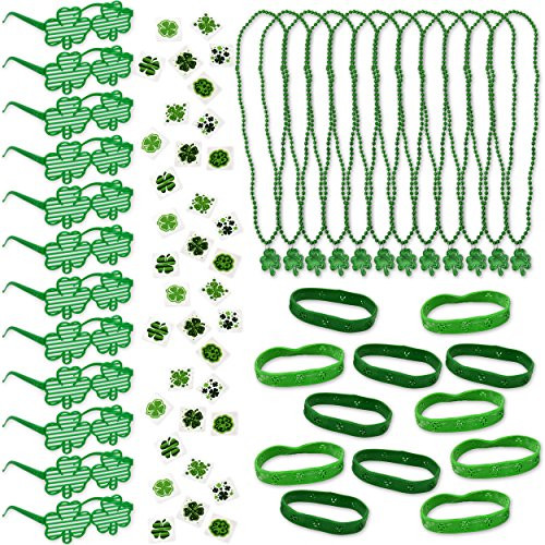 108 St Patricks Day Party Favors Supplies Set Includes 12 Shamrock Sunglasses 12 Shamrock Necklaces 12 Shamrock Bracelets and 72 Saint Patrick Temporary Tattoos Irish Green Supplies Accessories Toys