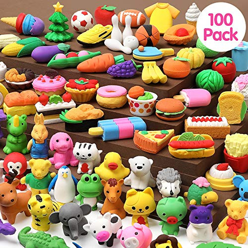 UMIKU 100 Pack Pencil Erasers Animal Erasers for Kids Puzzle Erasers 3D Mini Erasers Food Vegetable Sport Fruit Take Apart Eraser Classroom Rewards Game Prizes Treasure Box Party Favors for Kid Gifts