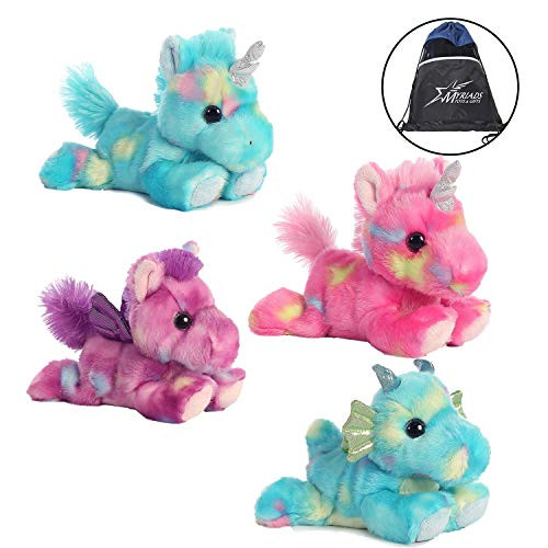 Aurora Bright Fancies Set of 4 Stuffed Beanbag Plushies: Tutti Frutti Pegasus, Blueberryripple Unicorn, Jellyroll Unicorn, and Sprinkles Dragon with Drawstring Bag