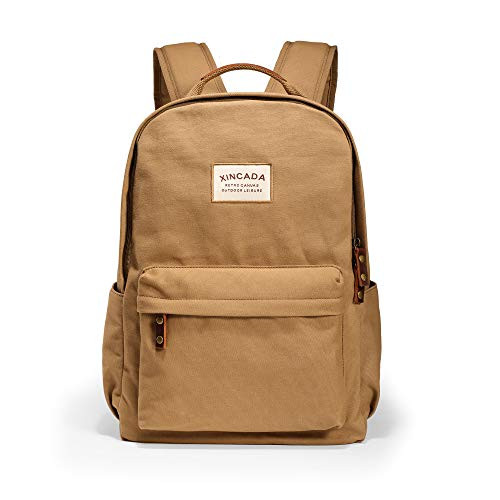 XINCADA Canvas Vintage Backpack Laptop Backpack High Density Canvas Rusack College School Backpacks Leather Bookbag Casual Daypack for Men and Women Khaki