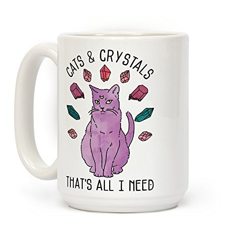 LookHUMAN Cats and Crystals White 15 Ounce Ceramic Coffee Mug