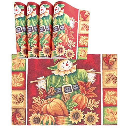 Naanle Thanksgiving Placemats Set of 4, Scarecrow Sunflower Pumpkin Non Slip Heat-Resistant Washable Table Place Mats for Kitchen Dining Table Home Decoration, 12" x 18"