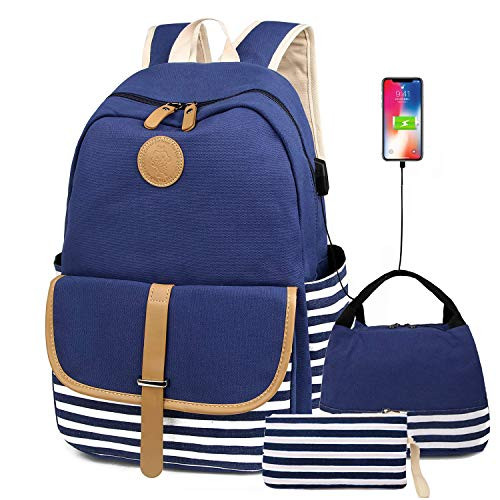 FLYMEI Canvas Backpack for Teens, Cute School Backpack for Girls 15.6'' Laptop Back Pack with USB Charging Port, Lightweight Blue Bookbag Casual Backpack for Women