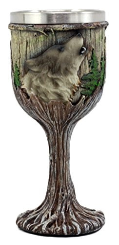 Ebros Gift Mystical Howling Gray Wolf Wine Goblet 7oz Chalice Cup In Rustic Wood Bark Roots Design