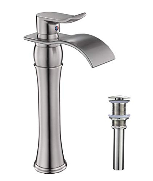 BWE Waterfall Spout Single Handle Commercial Bathroom Sink Vessel Faucet Mixer Tap Lavatory Faucets Tall Body Brushed Nickel