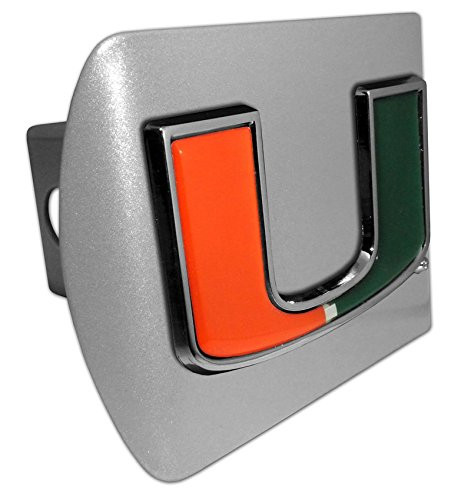 University of Miami METAL emblem (with colors) on brushed silver METAL Hitch Cover