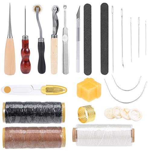 uxcell Leather Craft Tool Set Leather Sewing Tools Kit Leather DIY Hand Stitching Tools with Groover for Sewing Leather, Canvas