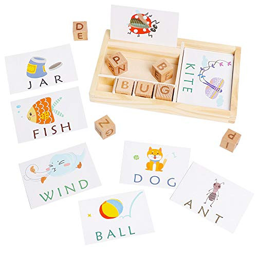 JCREN Matching Letter Game,Wooden Cubes Letter Spelling and Reading Game for Preschool Kindergarten Matching Word Flash Cards Shape Puzzle Toy Educational Learning Montessori Games for Kids Toddler