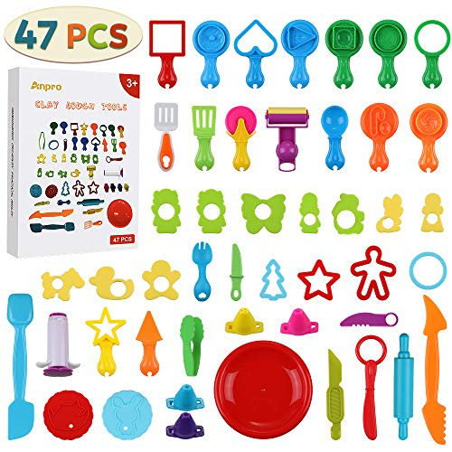 Anpro 47pcs Clay Dough Tools for Kids, Dough plasticine Tool Dough Includes 47 Colorful Cutters, Molds, Rollers & Play Accessories for Air Dry Clay & Dough
