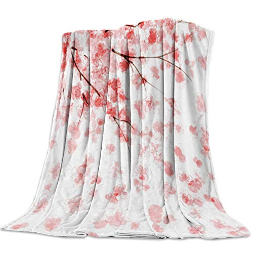 Arts Language Flannel Fleece Throw Blanket for Couch Bed Pink Cherry Blossom Soft Cozy Lightweight Bed Blanket for Kids/Girls/Boys/Adults All Seasons Blanket 59"x79"