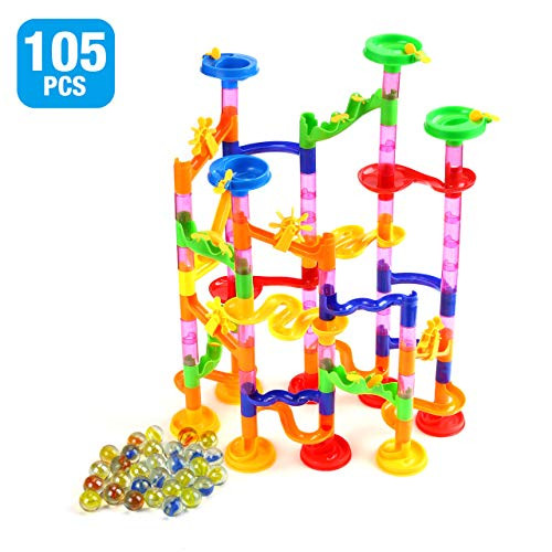 Powerextra 105Pcs Marble Run Set Toy for Kids, Education Mini Marble Building Set, Marble Maze Game Gift for Girl Boy (75 Marbulous Pieces + 30 Glass Marbles)