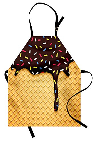 Ambesonne Ice Cream Apron, Waffle Chocolate Flavor Dessert Delicious Yummy Backdrop Graphic, Unisex Kitchen Bib with Adjustable Neck for Cooking Gardening, Adult Size, Yellow Brown