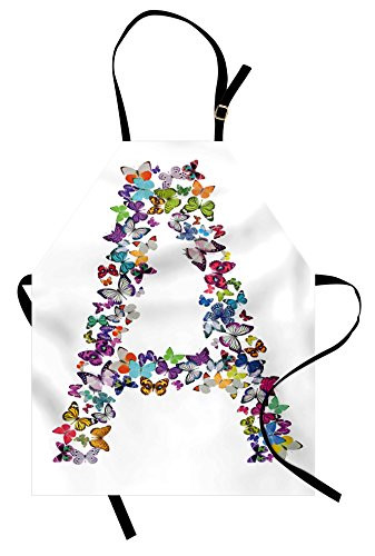 Ambesonne Letter a Apron, First Letter of Alphabet in Butterfly Form NatureBC Multiple Colors, Unisex Kitchen Bib with Adjustable Neck for Cooking Gardening, Adult Size, Multicolor