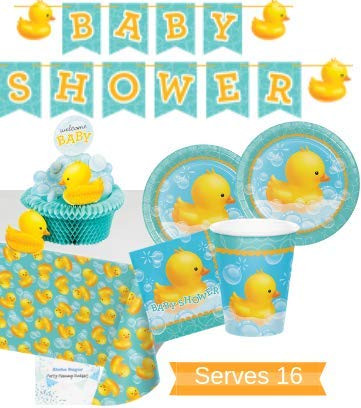 Bubble Bath Rubber Ducky Baby Shower Supplies - Rubber Ducky Baby Shower Plates and Napkins Cups for 16 People - Includes Bubble Bath Baby Shower Banner Tablecloth & Centerpiece - Perfect Bubble Bath Rubber Ducky Baby Shower Decorations!