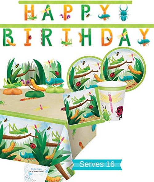 Bug Party Supplies and Decorations - Bug Party Plates and Napkins Cups for 16 People - Includes Insect Birthday Banner, Tablecloth and Centerpiece - Perfect Insect Birthday Party Decorations and Bug Birthday Party Supplies!