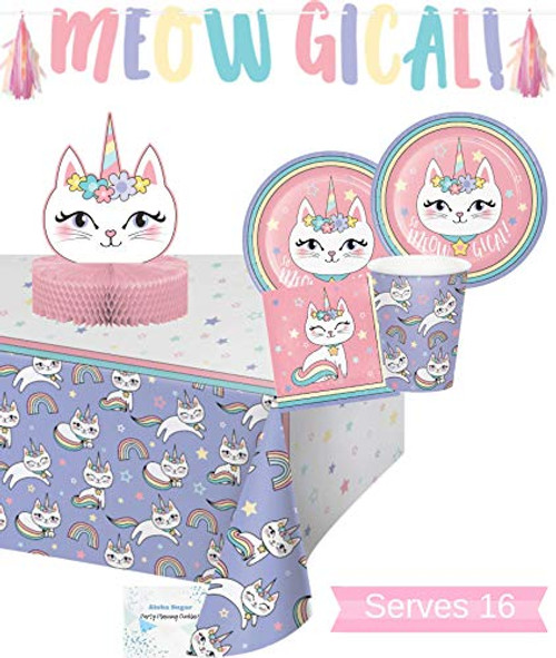 Caticorn Party Supplies and Decorations - Caticorn Party Plates and Napkins Cups for 16 People - Includes Meowgical Caticorn Birthday Banner, Tablecloth and Centerpiece - Perfect Caticorn Birthday Party Decorations and Cat Birthday Party Supplies!