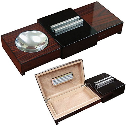 Prestige Import Group 2-in-1 Ashtray with Hidden Cigar Humidor - Stores up to 5-7 Cigars - Color: Brazilian Wood & Black Lacquer Finish
