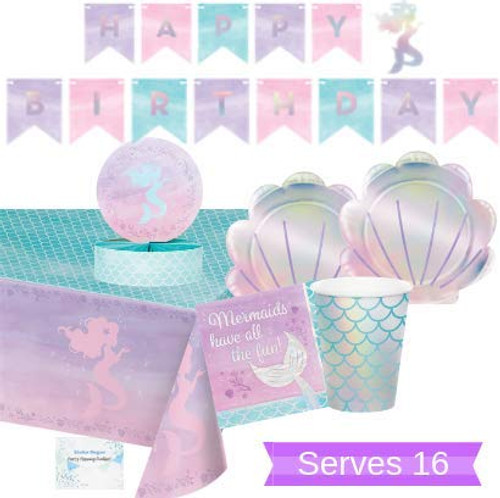 Mermaid Party Supplies and Decorations - Iridescent Mermaid Party Plates and Napkins Cups for 16 People - Includes Banner, Tablecloth and Centerpiece - Perfect Iridescent Mermaid Birthday Party Decorations! Mermaid Party Supplies and Decorations - Iridescent Mermaid Party Plates and Napkins Cups for 16 People - Includes Banner, Tablecloth and Centerpiece - Perfect Iridescent Mermaid Birthday Party Decorations!