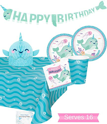 Narwhal Party Supplies and Decorations - Narwhal Party Plates and Napkins Cups for 16 People - Includes Narwhal Birthday Banner, Tablecloth and Centerpiece - Perfect Narwhal Birthday Party Decorations and Narwhal Birthday Party Supplies!