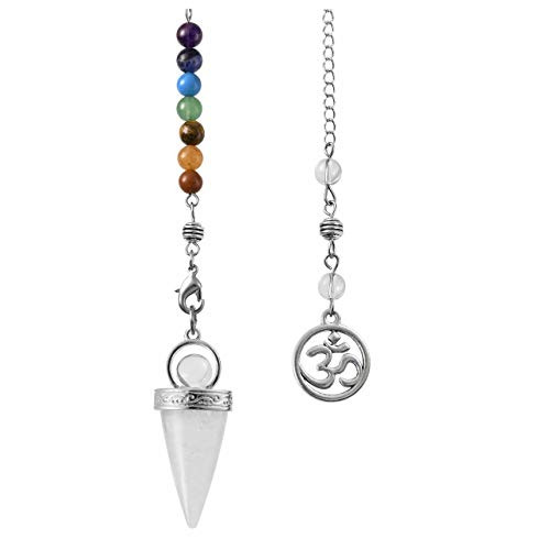Top Plaza 7 Chakra Reiki Healing Crystal Clear Quartz Dowsing Pendulum for Divination Wicca Balancing Gemstones Pointed Pendant Pendulums with OM Charm