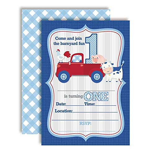 Barnyard Fun 1st Birthday Party Invitations for Boys, 20 5"x7" Fill in Cards with Twenty White Envelopes by AmandaCreation