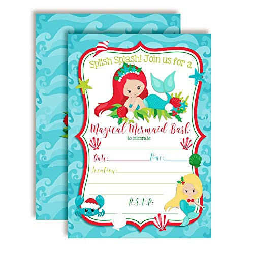 Christmas Holiday Mermaid Bash with Light Complexions Birthday Party Invitations, 20 5"x7" Fill in Cards with Twenty White Envelopes by AmandaCreation