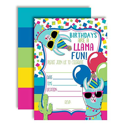 Llama Fun Llama Themed Birthday Party Invitations for Kids, 20 5"x7" Fill in Cards with Twenty White Envelopes by AmandaCreation