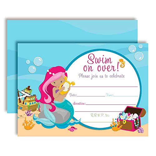 Mermaid Birthday Party Invitations, 20 5"x7" Fill in Cards with Twenty White Envelopes by AmandaCreation, Mermaid with Medium Complexion