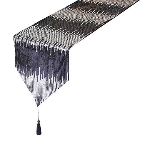 PartyDelight 14"X72" Black and Silver Sequin Table Runner with Tassels