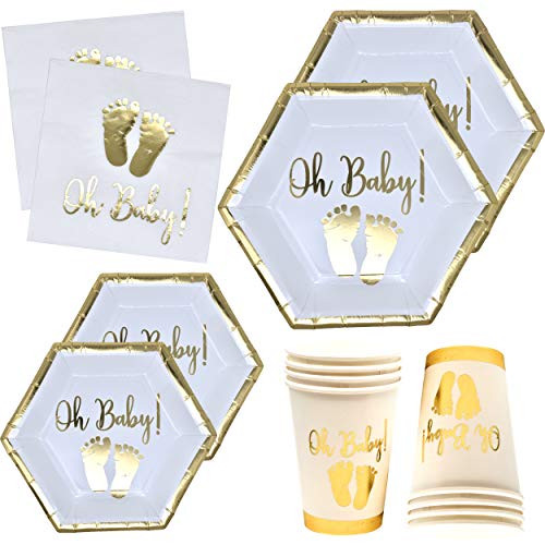 Oh Baby Shower Party Supplies Tableware Set with Gold Foil Footprint Includes 24 9" Plates 24 7" Plate 24 9 Oz Cups and 50 Lunch Napkins Disposable Paper Goods for Boy Girl Neutral Gender Reveal Decor Oh Baby Shower Party Supplies Tableware Set with Gold Foil Footprint Includes 24 9" Plates 24 7" Plate 24 9 Oz Cups and 50 Lunch Napkins Disposable Paper Goods for Boy Girl Neutral Gender Reveal Decor