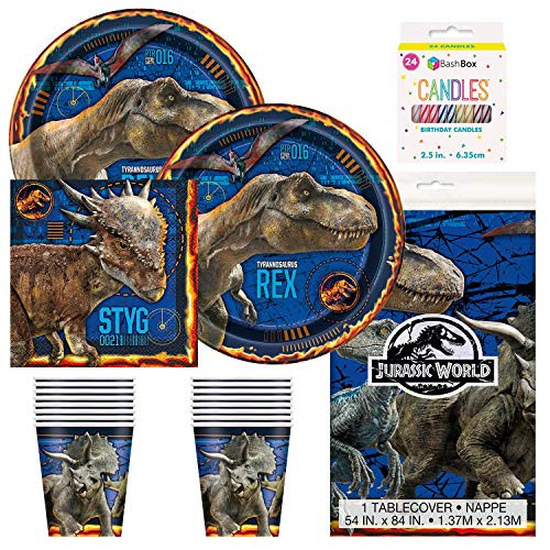 BashBox Jurassic World Park Dinosaur Birthday Party Supplies Pack Including Plates, Cups, Napkins, Tablecover (16 Guests) Plus BONUS BashBox Candles