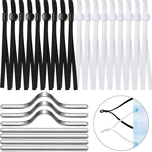 300 Pieces Sewing Elastic Band with Adjustable Buckle and Nose Bridge Wire Strip Set, Stretchy Thread Cord Lanyard Earloop Earmuff Ropes and Aluminum Nose Bridge Wire Bracket for Sewing DIY Craft