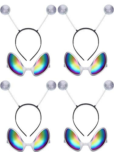4 Pairs Alien Glasses Silver Plastic Alien Sunglasses and 4 Pieces Silver Martian Antenna Headband Alien Headband Boppers Ball for Halloween Decoration Party Favors