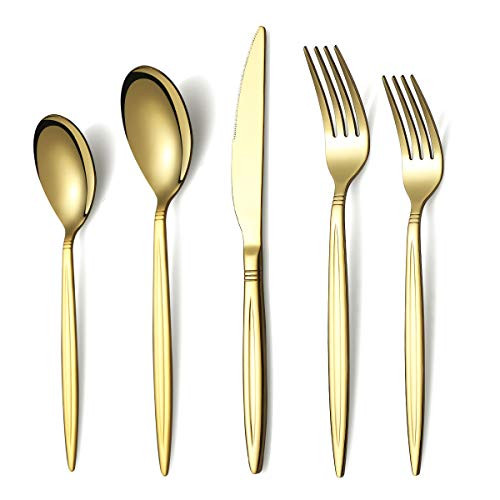 Gold Silverware Set, Berglander Titanium Gold Plating Flatware Set 20 Pieces, Stainless Steel Golden Flatware Set, Gold Cutlery Set Service For 4