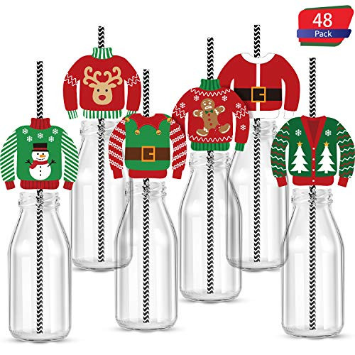 48 Pieces Christmas Drinking Straw Decorations Set, Ugly Sweater Paper Straw Striped Decorative, Holiday and Christmas Party Striped Straw Decorative for Cups, Party Favors and Cupcake Toppers