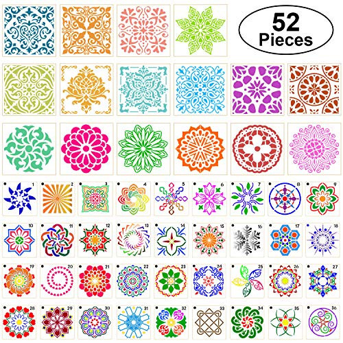52 Pieces Mandala Stencils Mandala Dot Painting Stencils Templates Mandala Drawing Stencils Reusable Painting Mandala Templates for DIY Rocks Wood Wall Floor Fabric Furniture Art Projects