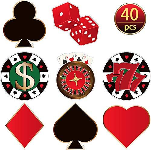 40 Pieces Casino Party Cut-Outs Versatile Las Vegas Casino Themed Poker Birthday Party Decoration Cutouts with Glue Point Dots for Bulletin Board Classroom School Casino Party Supplies, 5.9 x 5.9 Inch