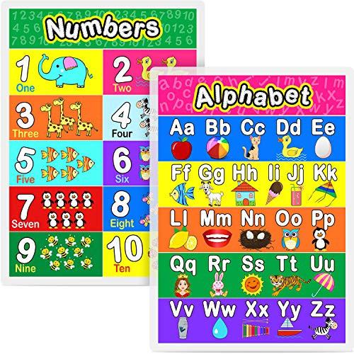 Laminated Preschool Poster for Toddlers and Kids, 2 Pieces Full Laminated Posters Alphabet, Number 1-10 for Nursery Homeschool Kindergarten Classroom, 16.9 x 11.9 Inch