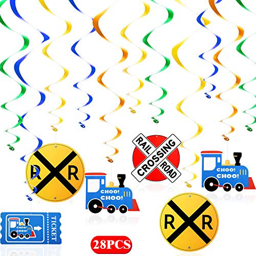 28 Pieces Train Hanging Swirls Steam Train Party Hanging Decorations Railroad Train Crossing Hangings for Train Theme Birthday Baby Shower Party Supplies
