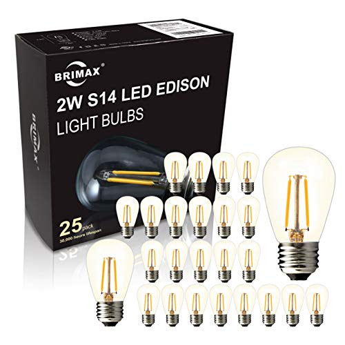 BRIMAX - (25PACK) - 2W S14 LED Outdoor Edison Light Bulbs for String Light Replacement, E26 Medium Screw Base, Dimmable, 2700K, 2Watt to Replace 11w/20w/25w Incandescent Bulb, Weatherproof