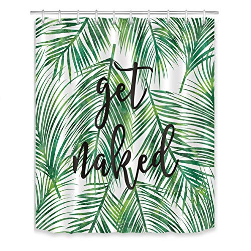 LB Green Tropical Coconut Palm Leaf Shower Curtain with Hooks,Black Font Get Naked Funny Bathroom Curtains 60x72 inch Waterproof Polyester Fabric LB Green Tropical Coconut Palm Leaf Shower Curtain with Hooks,Black Font Get Naked Funny Bathroom Curtains 60x72 inch Waterproof Polyester Fabric