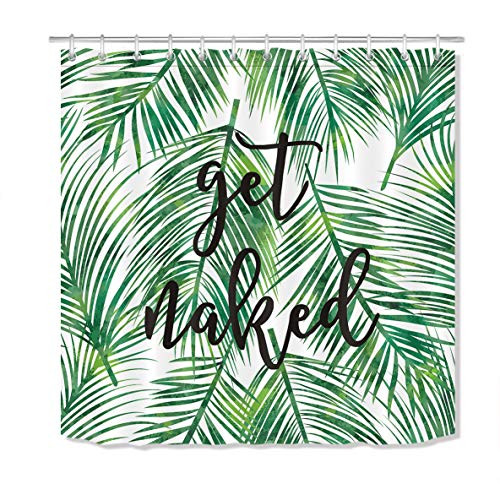 LB Green Tropical Coconut Palm Leaf Shower Curtain with Hooks,Black Font Get Naked Funny Bathroom Curtains 72x72 inch Waterproof Polyester Fabric LB Green Tropical Coconut Palm Leaf Shower Curtain with Hooks,Black Font Get Naked Funny Bathroom Curtains 72x72 inch Waterproof Polyester Fabric