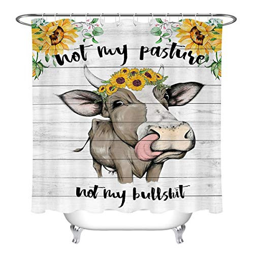 LB Sunflower Farm Cow Shower Curtains for Bathroom Not My Pasture Not My Bullshit Farmhouse Vintage Barn Wood Shower Curtain Set with Hooks 72x78 inch Waterproof Polyester Fabric Bathroom Decoration
