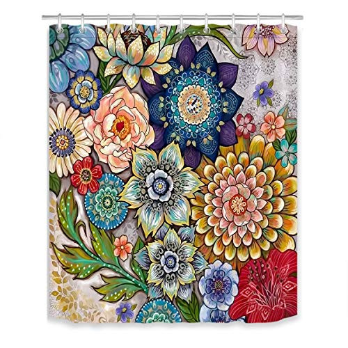 LB Mandala Floral Shower Curtain Tribal Boho Botanical Shower Curtains for Bathroom with Hooks 60x72 inch Waterproof Polyester Fabric Bathroom Decorations